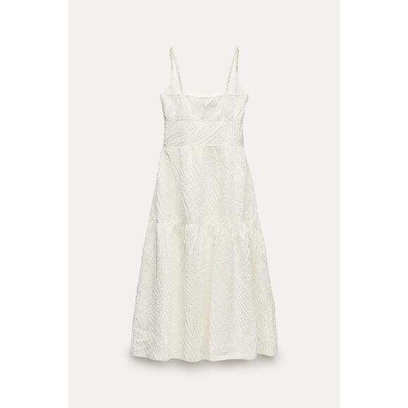 White Zara Jacquard Textured Spaghetti Strap Midi Dress (NWT) - Picture 10 of 11